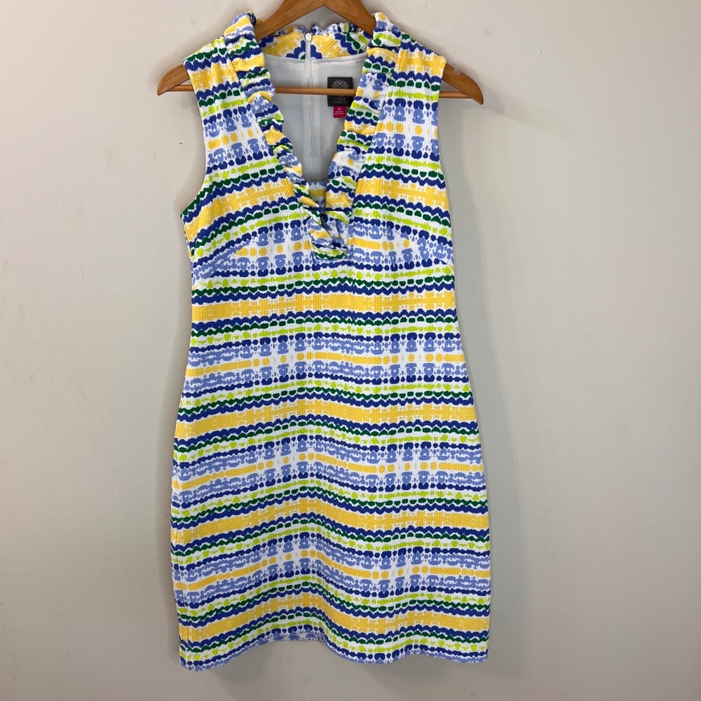 Vince Camuto Sleeveless Ruffle V-Neck Textured Geometric Stripe Shift Dress 10